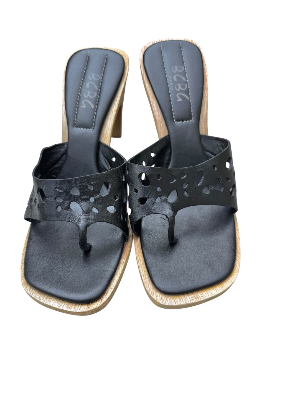 BCBG Black Cutout Leather Toe-Post Heeled Sandals